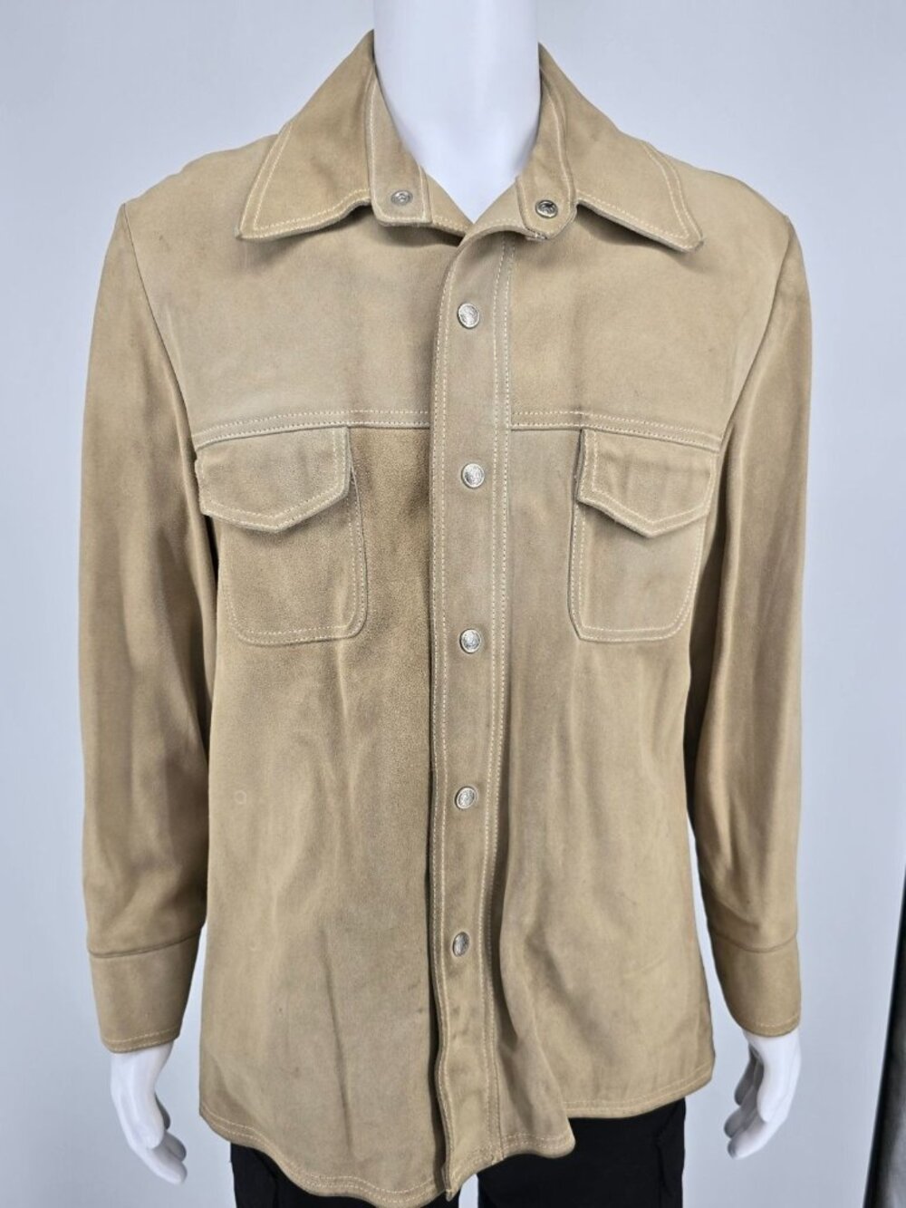 Vintage 1970s Californian Mens Tan Nubuck Leather Western Shirt Jacket (M)